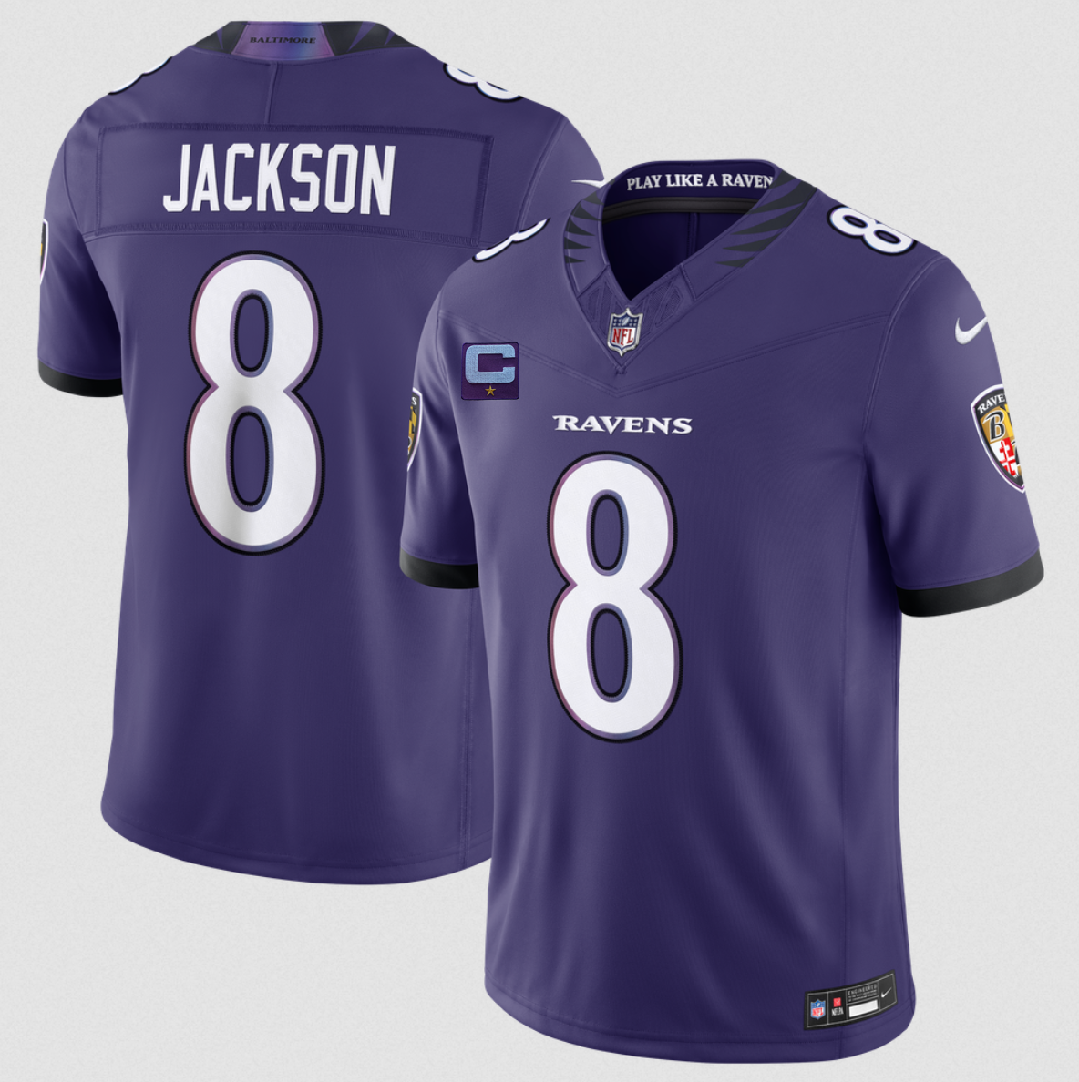 Men's Purple Baltimore Ravens #8 Lamar Jackson 2026 With 1-Star C Patch F.U.S.E Vapor Stitched Limited Football Jersey